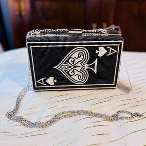 Ace of Spades Black and White Beaded Clutch with Crossbody Strap